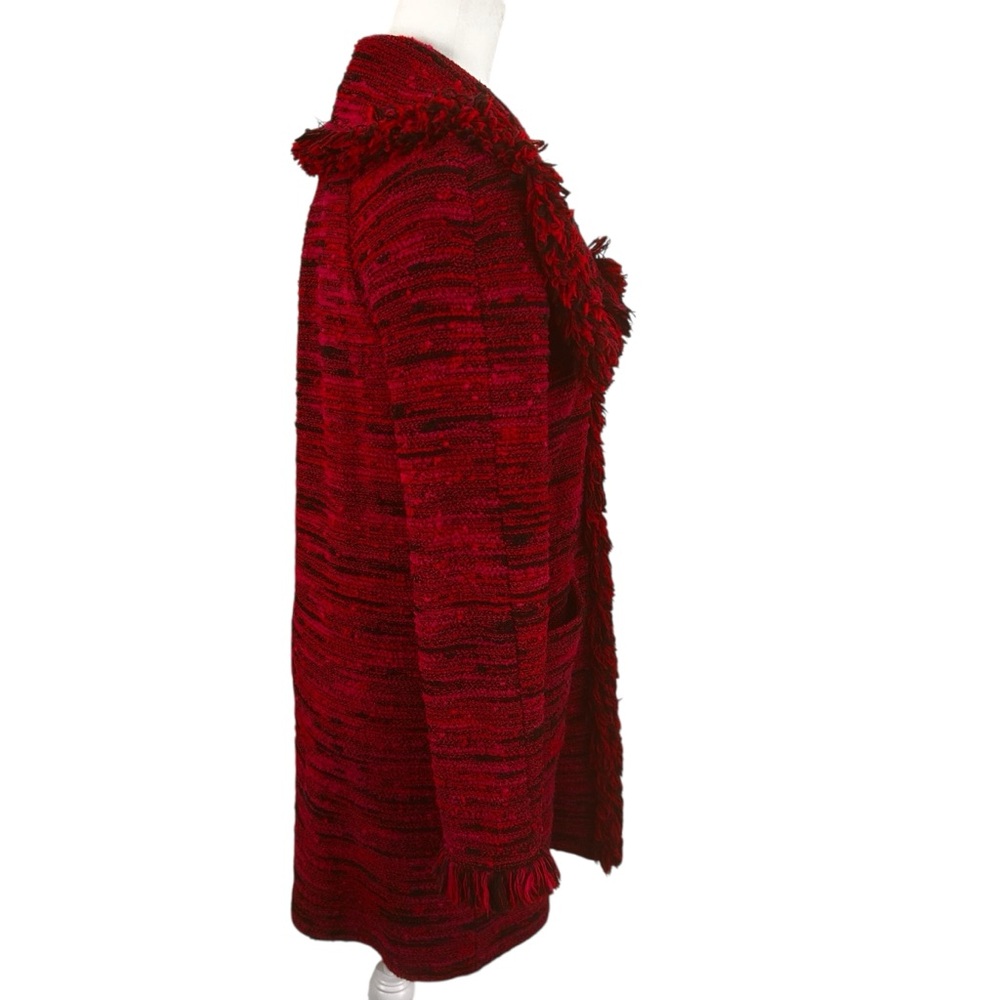 St. John red pink black tweed fringe frayed collar long jacket women’s size 6 - Picture 12 of 16